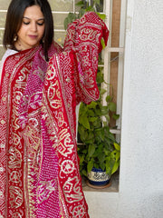 Pink and Red Bandhani Dupatta with Gotapatti Handwork in Pure Silk