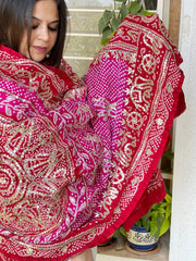 Pink and Red Bandhani Dupatta with Gotapatti Handwork in Pure Silk