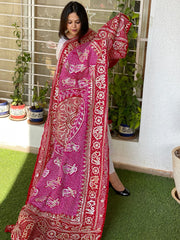 Pink and Red Bandhani Dupatta with Gotapatti Handwork in Pure Silk