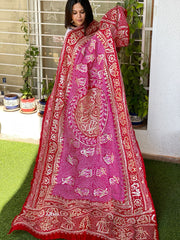 Pink and Red Bandhani Dupatta with Gotapatti Handwork in Pure Silk