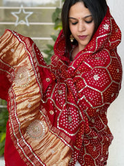 Red Bandhani Dupatta with Gotapatti Handwork in Pure Silk