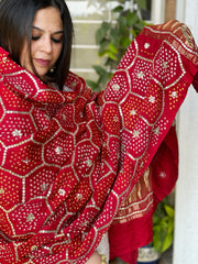 Red Bandhani Dupatta with Gotapatti Handwork in Pure Silk