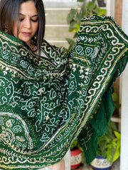 Green Bandhani Dupatta with Gotapatti Handwork in Pure Silk