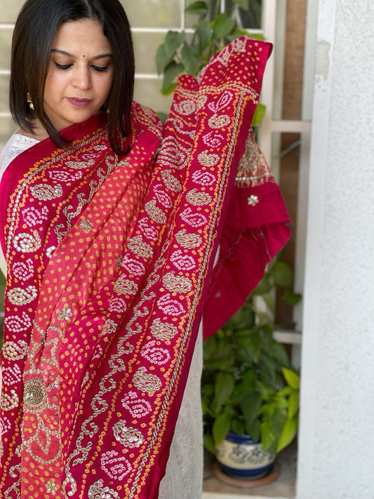 Pink Bandhani Dupatta with Gotapatti Handwork in Pure Silk