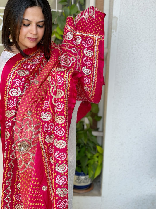 Pink Bandhani Dupatta with Gotapatti Handwork in Pure Silk