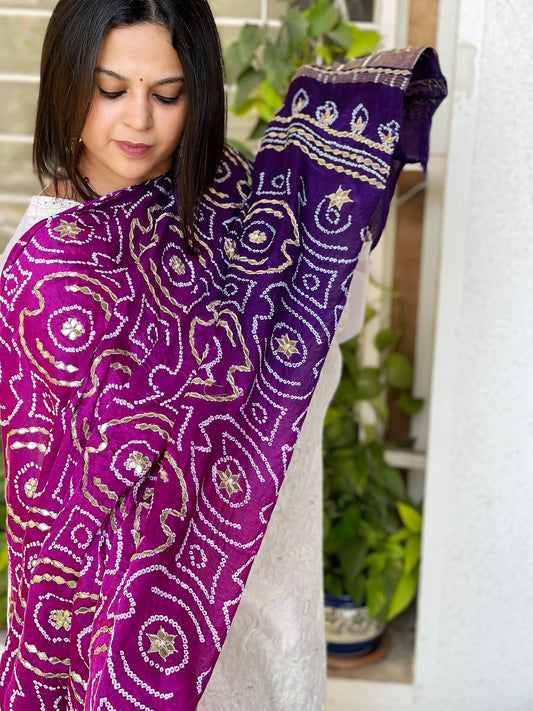 Pink and Purple Bandhani Dupatta with Gotapatti Handwork in Pure Silk