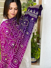 Pink and Purple Bandhani Dupatta with Gotapatti Handwork in Pure Silk