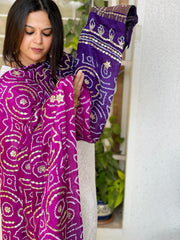 Pink and Purple Bandhani Dupatta with Gotapatti Handwork in Pure Silk