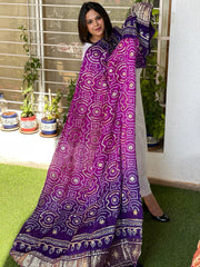 Pink and Purple Bandhani Dupatta with Gotapatti Handwork in Pure Silk