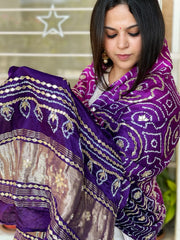 Pink and Purple Bandhani Dupatta with Gotapatti Handwork in Pure Silk