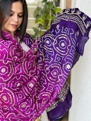 Pink and Purple Bandhani Dupatta with Gotapatti Handwork in Pure Silk