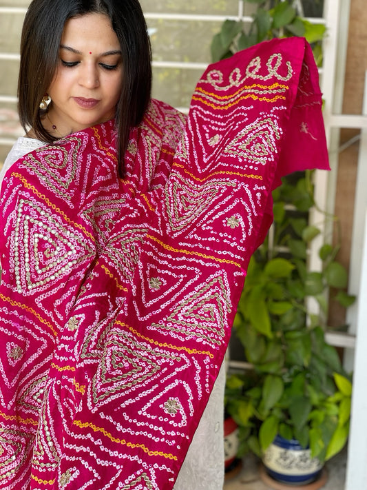 Pink Bandhani Dupatta with Gotapatti Handwork in Pure Silk