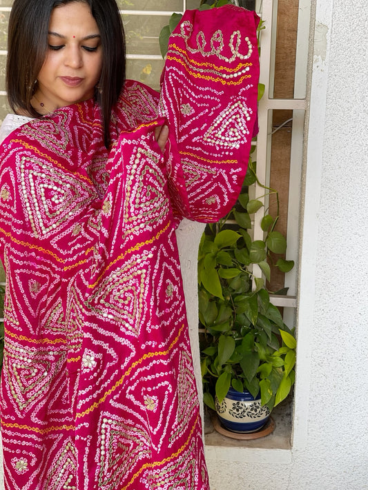 Pink Bandhani Dupatta with Gotapatti Handwork in Pure Silk