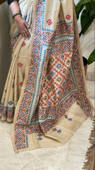 Beige Handmade Sindhi Kadhai Saree with Mirror Handwork in Pure Silk