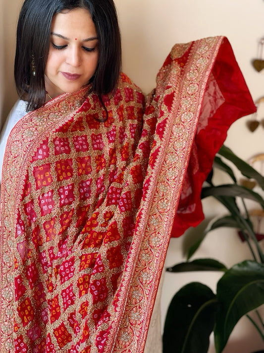 RedHandwoven NeemZari Bareek Bandhani with Dabka Handwork in Pure Georgette