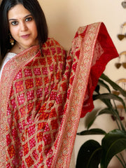 RedHandwoven NeemZari Bareek Bandhani with Dabka Handwork in Pure Georgette