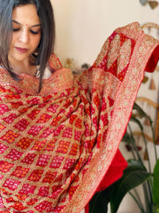 RedHandwoven NeemZari Bareek Bandhani with Dabka Handwork in Pure Georgette