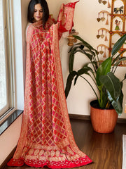 RedHandwoven NeemZari Bareek Bandhani with Dabka Handwork in Pure Georgette