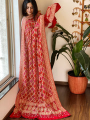 RedHandwoven NeemZari Bareek Bandhani with Dabka Handwork in Pure Georgette