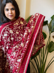 Maroon  Parsi Gara Embroidery Dupatta in Georgette
