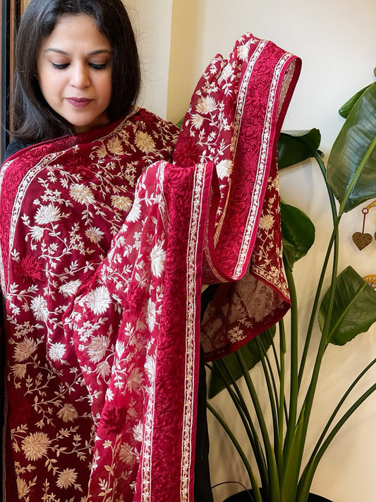 Maroon  Parsi Gara Embroidery Dupatta in Georgette