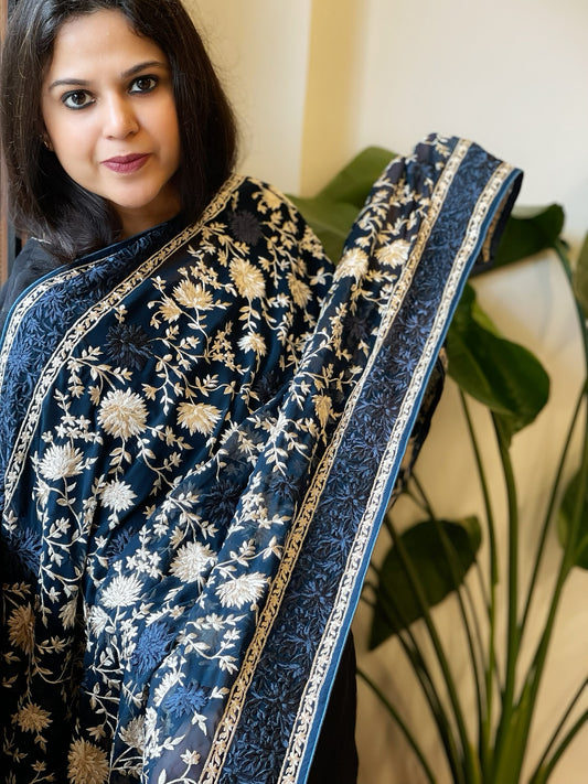 Teal Parsi Gara Embroidery Dupatta in Georgette