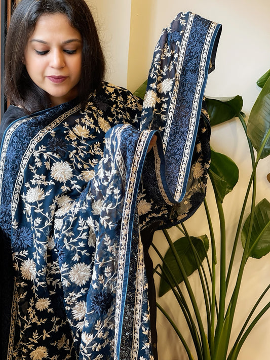 Teal Parsi Gara Embroidery Dupatta in Georgette