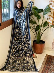 Teal Parsi Gara Embroidery Dupatta in Georgette