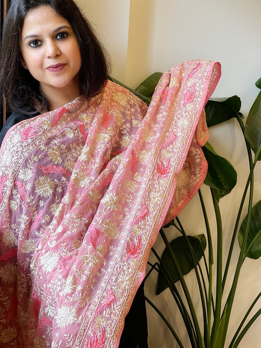 Pink Parsi Gara Embroidery Dupatta in Georgette