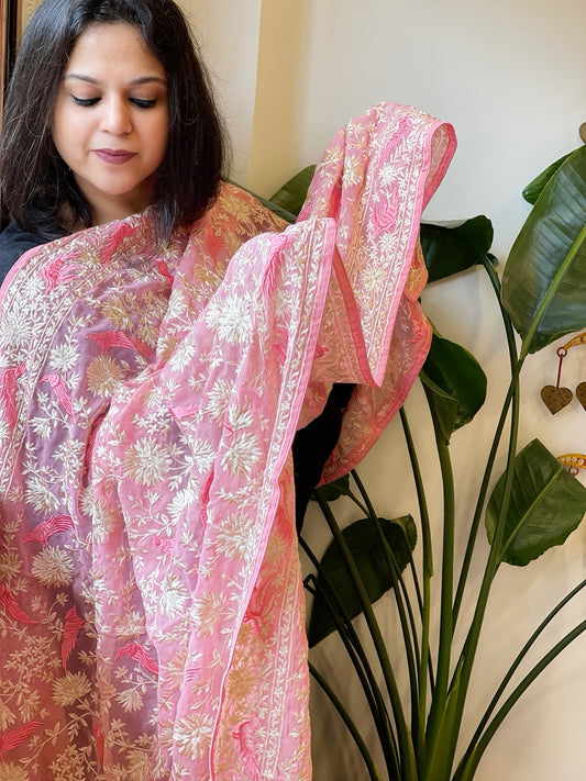 Pink Parsi Gara Embroidery Dupatta in Georgette