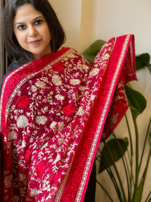 Pink Parsi Gara Embroidery Dupatta in Georgette