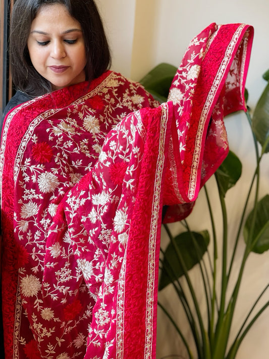 Pink Parsi Gara Embroidery Dupatta in Georgette