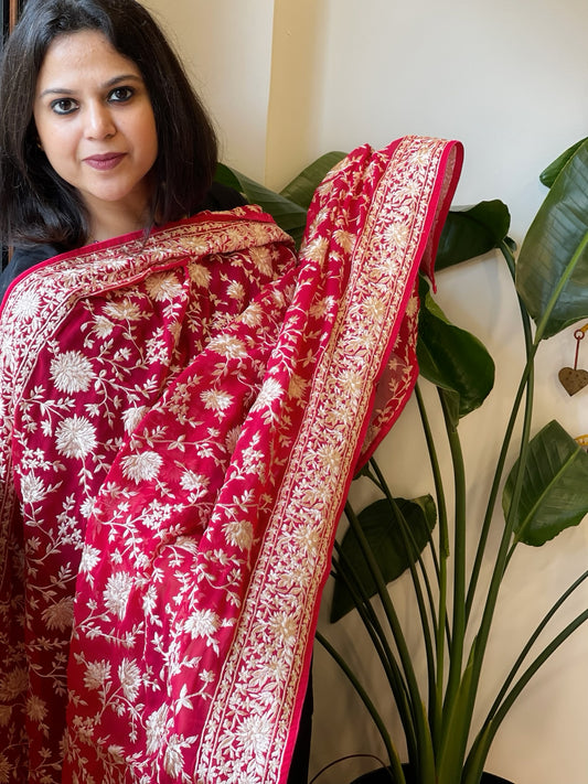 Rani Pink Parsi Gara Embroidery Dupatta in Georgette