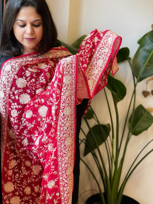 Rani Pink Parsi Gara Embroidery Dupatta in Georgette