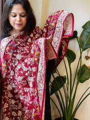 Maroon Parsi Gara Embroidery Dupatta in Georgette
