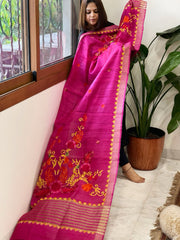 Pink Kashmiri Aari Embroidered Dupatta in Geecha Silk