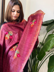 Rust Kashmiri Aari Embroidered Dupatta in Geecha Silk