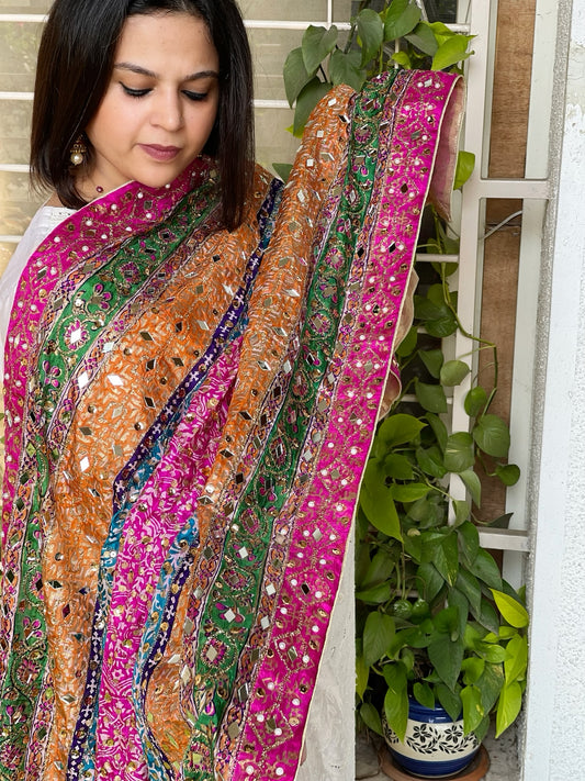 Pure Silk Dupatta with Beads, Sequin, Real Mirror Pasting Handwork