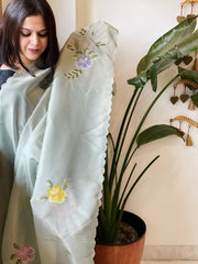 Greyish Blue Tissue Organza Dupatta with Handpainted Applique Work