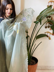 Greyish Blue Tissue Organza Dupatta with Handpainted Applique Work