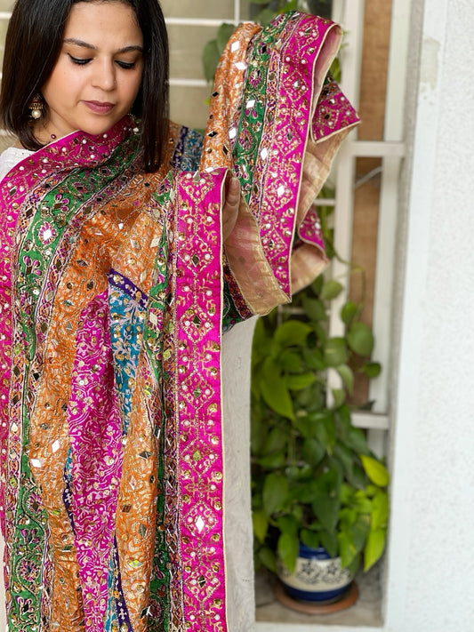 Pure Silk Dupatta with Beads, Sequin, Real Mirror Pasting Handwork