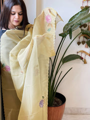 Yellow Tissue Organza Dupatta with Handpainted Applique Work