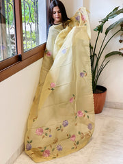 Yellow Tissue Organza Dupatta with Handpainted Applique Work