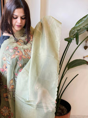 Pista Green Tissue Organza Dupatta with Handpainted Applique Work