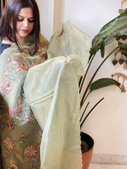 Pista Green Tissue Organza Dupatta with Handpainted Applique Work