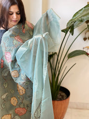 Blue Tissue Organza Dupatta with Handpainted Applique Work