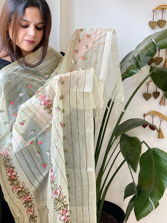 Yellow Organza Dupatta with Thread Embroidery