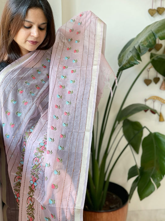 Purplish Pink Organza Dupatta with Thread Embroidery