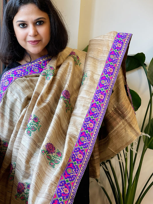 Geecha Silk Dupatta with Thread Embroidery & Patola Border