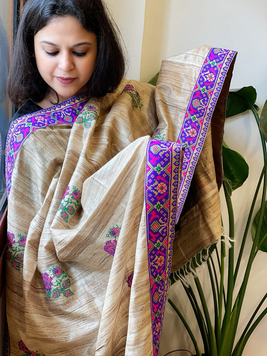Geecha Silk Dupatta with Thread Embroidery & Patola Border